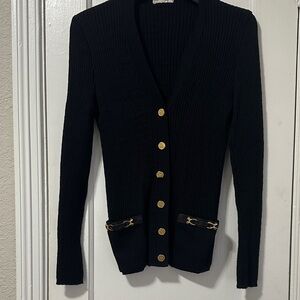 Black Ribbed V-Neck Cardigan with Gold Accent Hardware